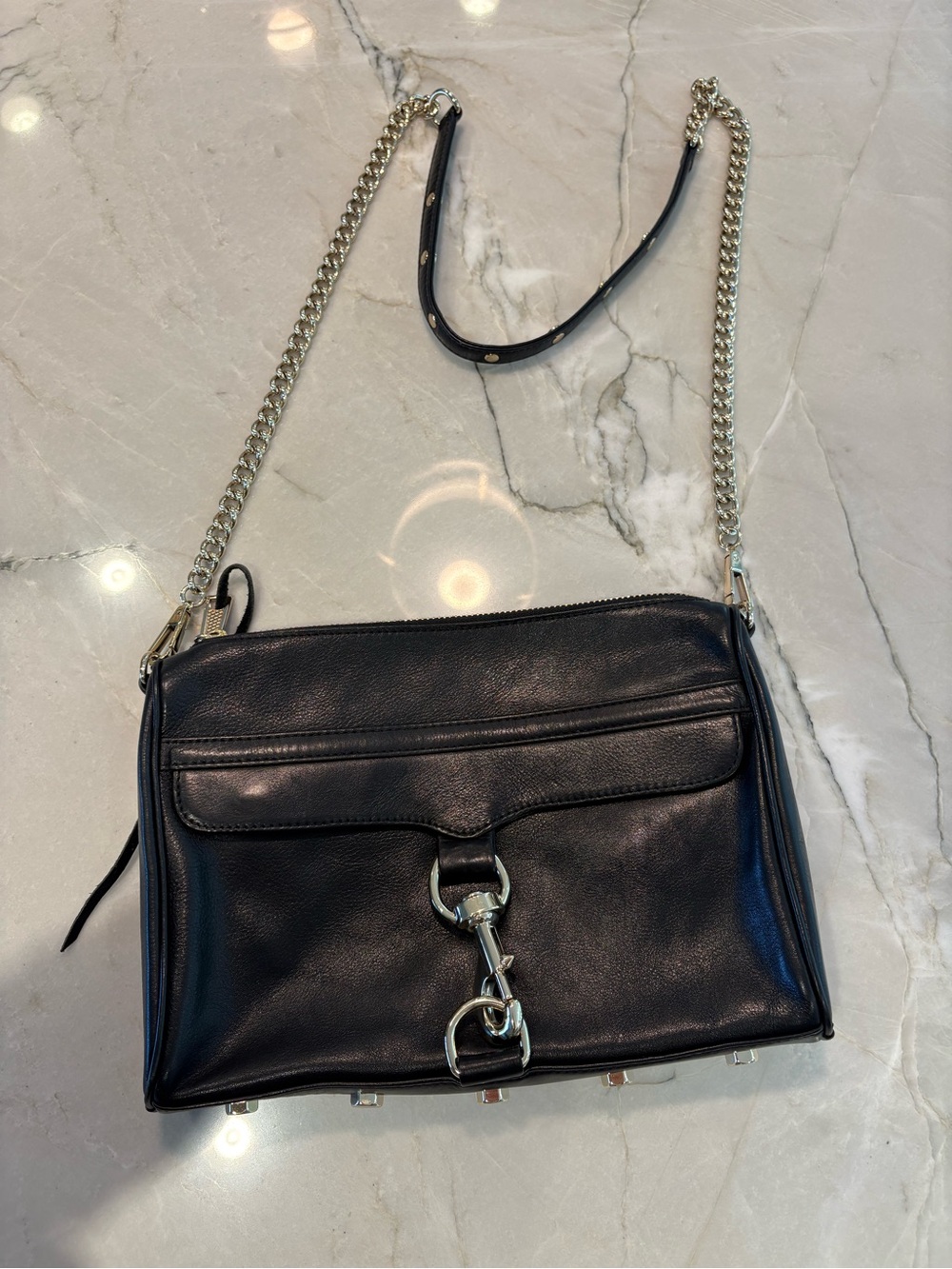 Rebecca Minkoff Black Leather Crossbody with Silver Chain Strap